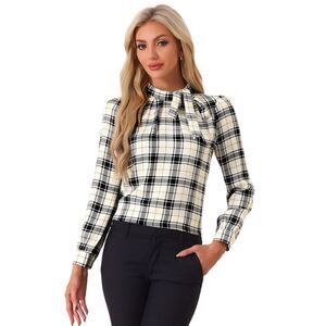Bow-Tie Neck Blouse Checks Shirt Tops Beige Black